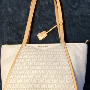Michael Kors White and Tan Tote Bag with Signature MK Monogram
